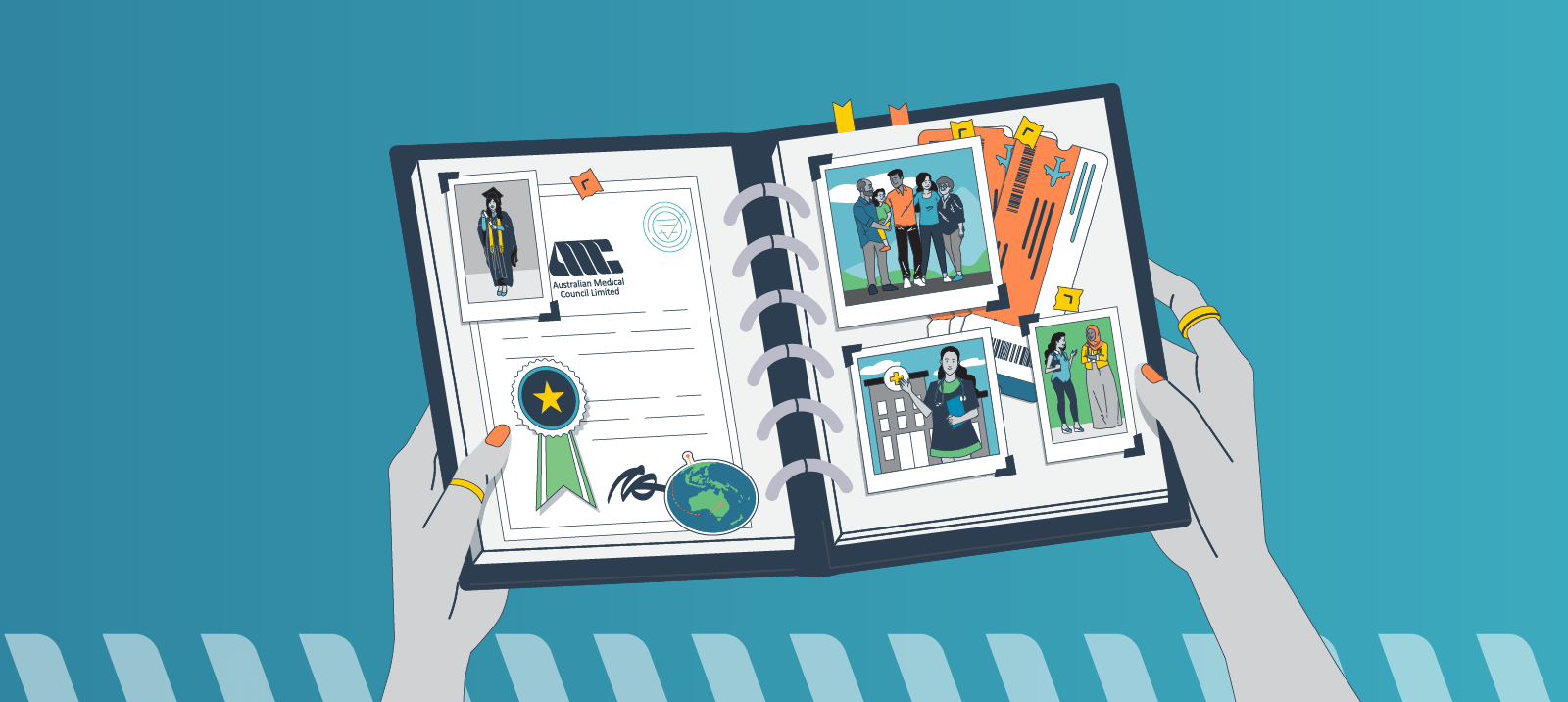 Illustration of a scrapbook showing images of a someone's journey