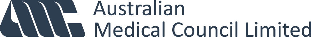Logo of the Australian Medical Council Limited, featuring a stylized AMC design in dark blue, with the organizations name written to the right in a modern, sans-serif font.